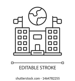 Immigration center linear icon. Embassy and consulate building. Administrative structure. Travel service. Thin line illustration. Contour symbol. Vector isolated outline drawing. Editable stroke