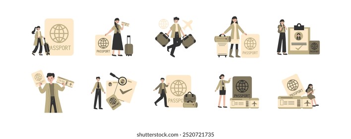 Immigration Character flat illustration set. Include of migration, travel, passport, international, and refugee. Vector illustration isolated