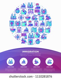 Immigration concept in circle with thin line icons: immigrants, illegals, baggage examination, passport, international flights, inspection, refugee camp. Modern vector illustration, web pa template.