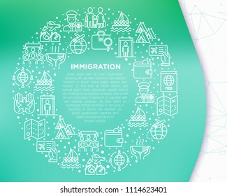 Immigration concept in circle with thin line icons: immigrants, illegals, baggage examination, passport, refugee camp, demonstration, humanitarian aid, social benefit. Modern vector illustration.