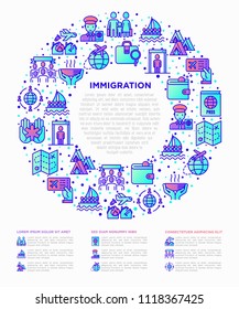 Immigration concept in circle with thin line icons: immigrants, illegals, baggage examination, passport, international flights, customs, inspection, refugee camp. Modern vector illustration.