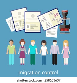 Immigration concept in flat design. Migration control. A group of people with stamps in passports on customs 