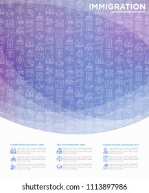 Immigration concept with thin line icons: immigrants, illegals, baggage examination, passport, refugee camp, social benefit, war, one way ticket. Vector illustration, print media template.