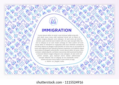 Immigration concept with thin line icons: immigrants, illegals, baggage examination, passport, international flights, customs, inspection, refugee camp. Vector illustration, print media template.