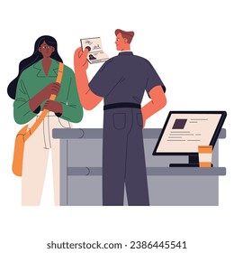 Immigration control worker scans passport. Tourist crossing border. Airport customs safety check documents. People on checkpoint in travel. Identification flat isolated vector illustration on white