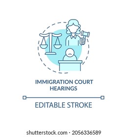 Immigration court hearings blue concept icon. Judicial procedure on immigration cases. Deportation abstract idea thin line illustration. Vector isolated outline color drawing. Editable stroke