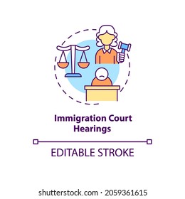 Immigration court hearings concept icon. Judicial procedure on immigration cases. Deportation abstract idea thin line illustration. Vector isolated outline color drawing. Editable stroke