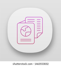 Immigration documents app icon. International passport. Identification document. Flight ticket. Travel and tourism. UI/UX user interface. Web or mobile applications. Vector isolated illustrations