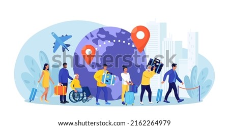 Immigration, emigration, people resettlement. Immigrants standing in queue, waiting departure in airport. Foreign citizen moving to developed countries. Population mobility, human migration