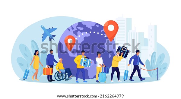 Immigration, emigration, people resettlement.\
Immigrants standing in queue, waiting departure in airport. Foreign\
citizen moving to developed countries. Population mobility, human\
migration