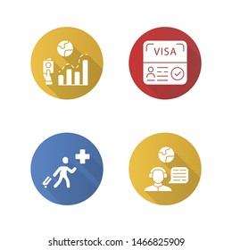 Immigration flat design long shadow glyph icons set. Migration rate, start up visa. Humanitarian immigrant, travel consultant. Trip advisor. Travelling abroad. Vector silhouette illustration