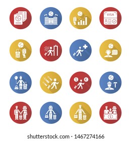 Immigration flat design long shadow glyph icons set. Travel abroad. Security check. Trip planning, holiday vacation organization. Refugee help. Travel equipment. Vector silhouette illustration