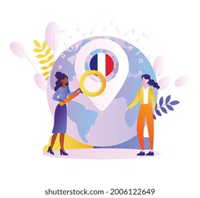 Immigration to France concept. Two girls are standing near a large globe with a French flag. Learning French. Cartoon modern gradient flat vector illustration isolated on a white background