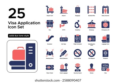 Immigration and Global Mobility. Passport, Visa, and Border Control Symbols. Vector Illustration. Solid duo tone icon set