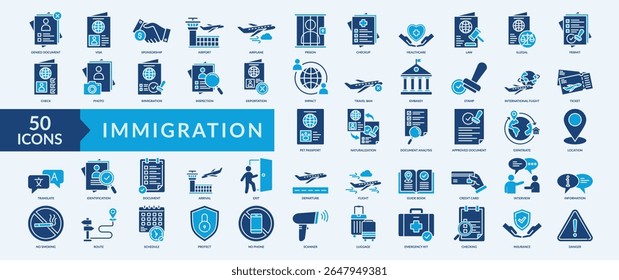 Conjunto de coleta de ícones de imigração com visto, aeroporto, avião, voo internacional, passaporte para animais de estimação