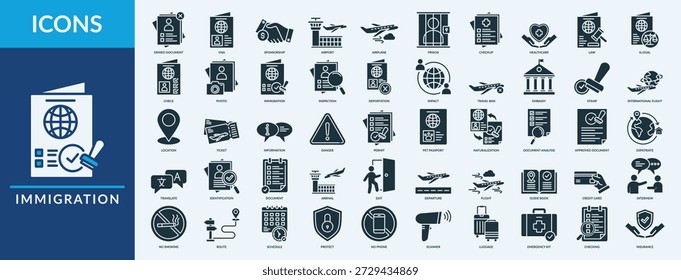 Immigration - Icon Collection. Thin Glyph Solid Set contains such Icons as visa, airplane, airport, deportation and more. Simple web icons set