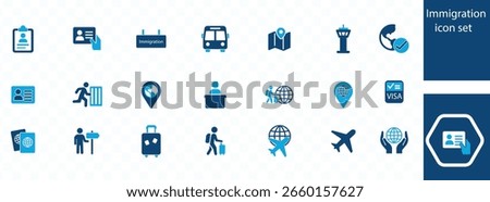 Immigration icon set. Contains such icons as visa, passport, migrant, customs officer, international flights, country, border crossing, airport, illegals, baggage examination, 