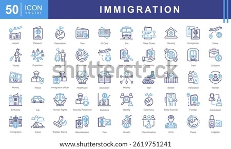 Immigration icon set with immigrant, foreign, office, passport, customs, airport, people, citizenship and destination country.