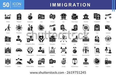 Immigration icon set with immigrant, foreign, office, passport, customs, airport, people, citizenship and destination country.