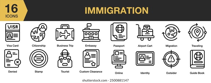 Immigration icon set. Includes visa card, tourist, traveling, passport, embassy, and More. Outline icons vector collection.