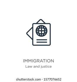 Immigration icon. Thin linear immigration outline icon isolated on white background from law and justice collection. Line vector sign, symbol for web and mobile