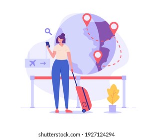 Immigration illustration. Man moving to foreign country. Tourist with luggage in airport. Concept of international migration, emigration, travel around world. Vector illustration for web design