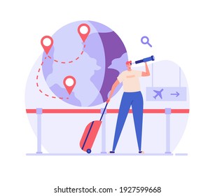 Immigration illustration. Man moving to foreign country. Tourist with luggage in airport. Concept of international migration, emigration, travel around world. Vector illustration for web design