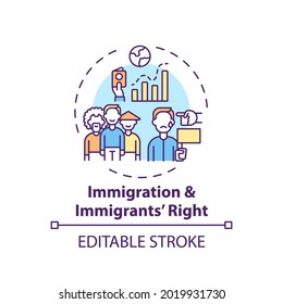 Immigration and immigrants right concept icon. Legal services types. Law system that protects people from abroad idea thin line illustration. Vector isolated outline RGB color drawing. Editable stroke