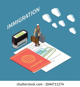 Immigration isometric background with little man holding suitcases in both hands standing on big visa with approved stamp vector illustration