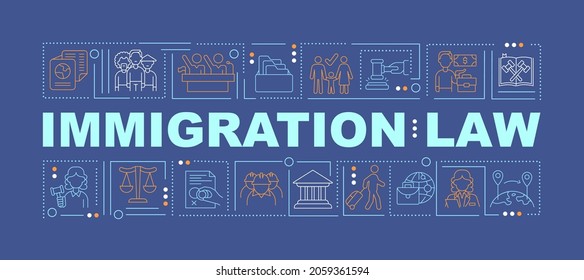 Immigration law dark blue word concepts banner. Human rights. Infographics with linear icons on turquoise background. Isolated creative typography. Vector outline color illustration with text