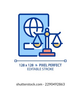 Immigration law pixel perfect RGB color icon. International people moving regulation. Governmental control. Isolated vector illustration. Simple filled line drawing. Editable stroke