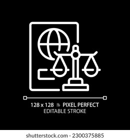 Immigration law pixel perfect white linear icon for dark theme. International people moving regulation. Governmental control. Thin line illustration. Isolated symbol for night mode. Editable stroke