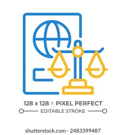 Immigration law two color line icon. International people moving regulation. Governmental control bicolor outline symbol. Duotone linear pictogram. Isolated illustration. Editable stroke