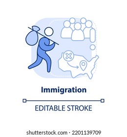 Immigration light blue concept icon. Aliens social problem. Overpopulation cause abstract idea thin line illustration. Isolated outline drawing. Editable stroke. Arial, Myriad Pro-Bold fonts used