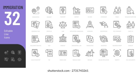 Immigration Line Editable Icons set. Vector illustration in modern thin style of change of country of residence related icons: documents, status, law, and more. Isolated on transparent background.
