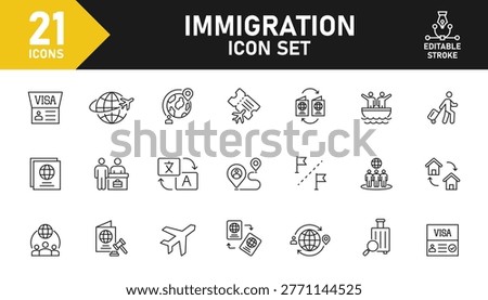 Immigration line icon set. Set of 21 outline icons related to migration, visa, border, passport, country, citizenship, refugee and others. Editable stroke. Vector illustration.