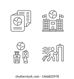 Immigration Linear Icons Set.  Embassy And Consulate Building. Travel Documents, Security Check. Travelling Abroad. Thin Line Contour Symbols. Isolated Vector Outline Illustrations. Editable Stroke