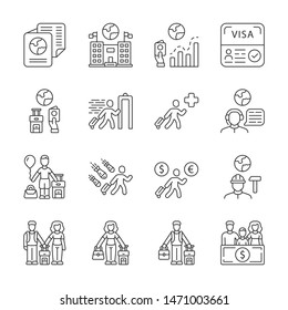 Immigration linear icons set. Travel abroad. Thin line contour symbols.  Trip planning, vacation organization. Refugee help. Migrant protection. Isolated vector outline illustrations. Editable stroke
