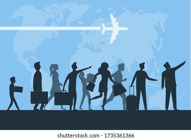 Immigration. Mini people migrate to developed countries. The concept of migration of people against the background of the Earth. Vector illustration, vector.