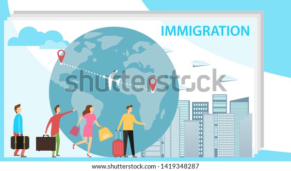 Immigration. Mini people migrate to\
developed countries. The concept of migration of people against the\
background of the Earth. Vector illustration,\
vector.