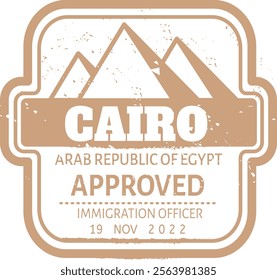 Immigration officer of the Arab Republic of Egypt approving a visa with an official stamp showcasing the iconic pyramids of Giza, Cairo, on November 19, 2022