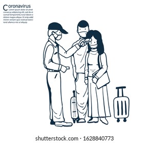 Immigration officer using tool check tourists.Tourists wearing masks to help prevent the spread of a deadly coronavirus.illustration vector for coronavirus.