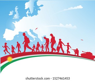 Immigration People With Kurdistan Flag On Europe  Map Background