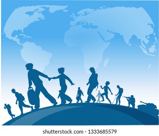 Immigration People Walk Under World Map Background .vector Illustration