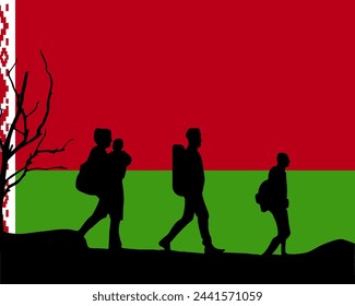 Immigration and refugees front of Belarus flag, immigrant and refugee concept, Belarus immigrants, refugee day, freedom and human rights idea, poverty and illegal immigrants