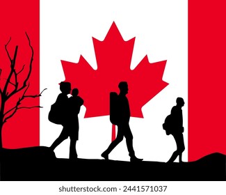 Immigration and refugees front of Canada flag, immigrant and refugee concept, Canada immigrants, refugee day, freedom and human rights idea, poverty and illegal immigrants