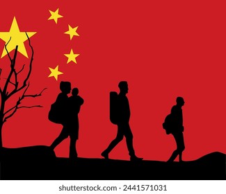 Immigration and refugees front of China flag, immigrant and refugee concept, China immigrants, refugee day, freedom and human rights idea, poverty and illegal immigrants