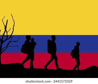 Immigration and refugees front of Colombia flag, immigrant and refugee concept, Colombia immigrants, refugee day, freedom and human rights idea, poverty and illegal immigrants