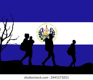 Immigration and refugees front of El Salvador flag, immigrant and refugee concept, El Salvador immigrants, refugee day, freedom and human rights idea, poverty and illegal immigrants