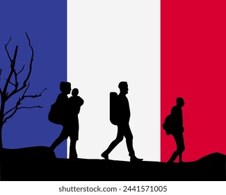 Immigration and refugees front of France flag, immigrant and refugee concept, France immigrants, refugee day, freedom and human rights idea, poverty and illegal immigrants